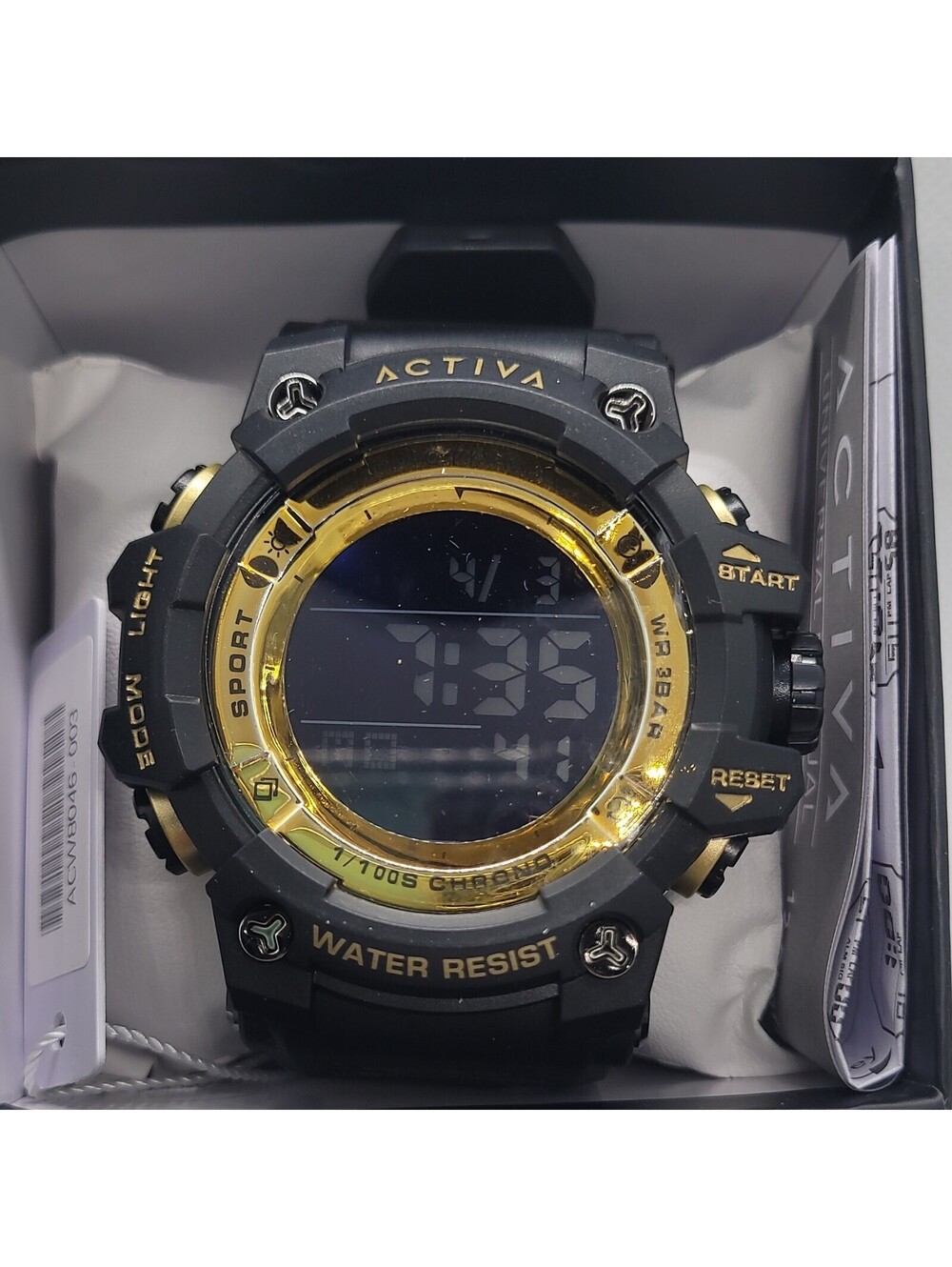 83 Activa Men's Digital Sport Chronograph Black Gold Water-Resistant Wristwatch